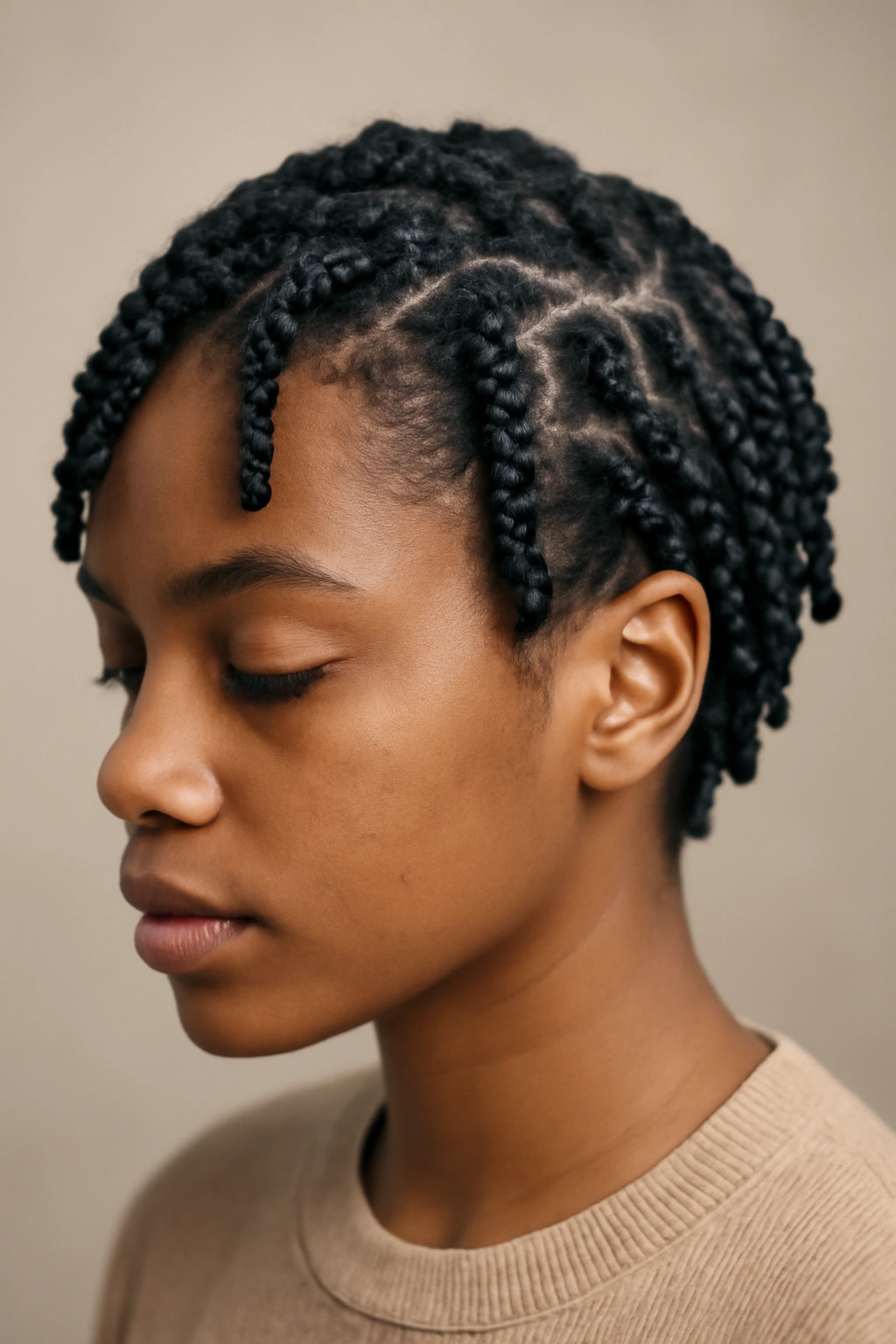 Close-up of two-strand twists on short natural hair showing defined texture