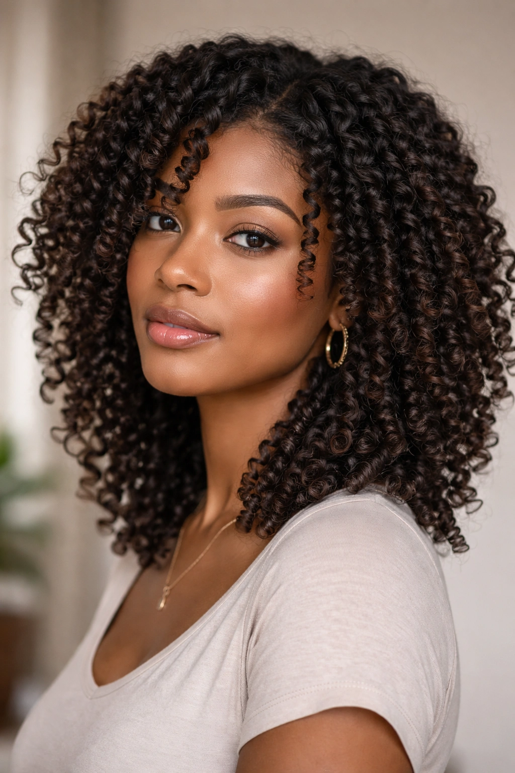 Shoulder-length curly hair with face-framing layers designed for two-strand twists