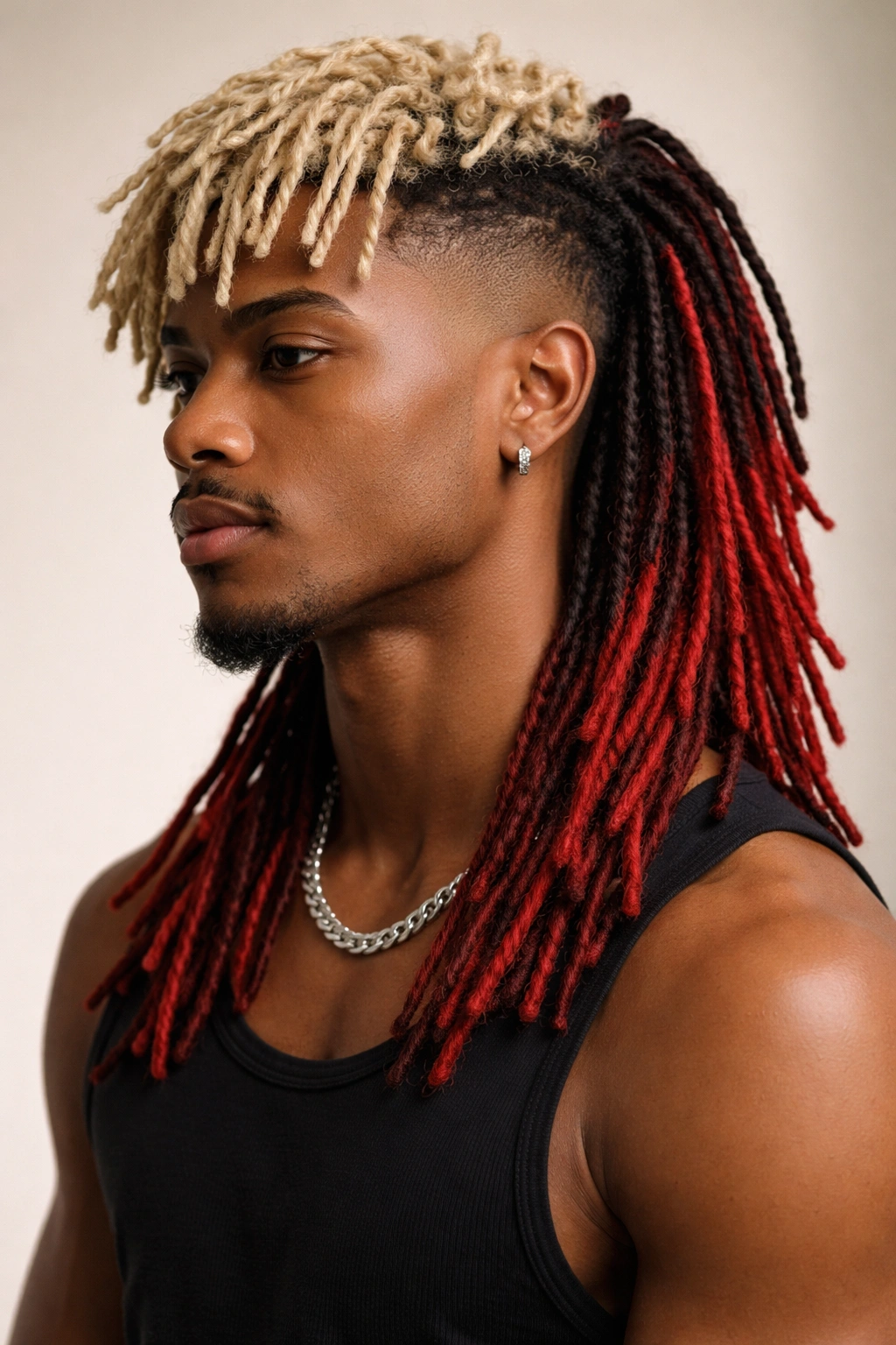 Portrait showing two-tone dyed mullet locs with contrasting front and back colors