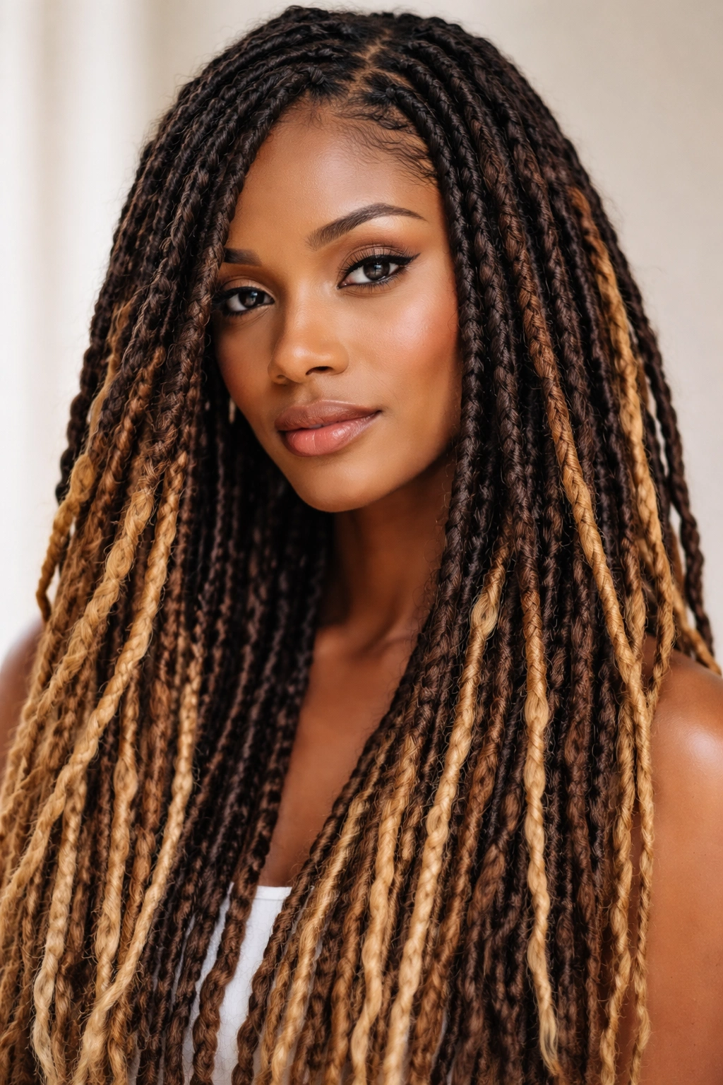 Close-up of two-tone faux locs with color contrast