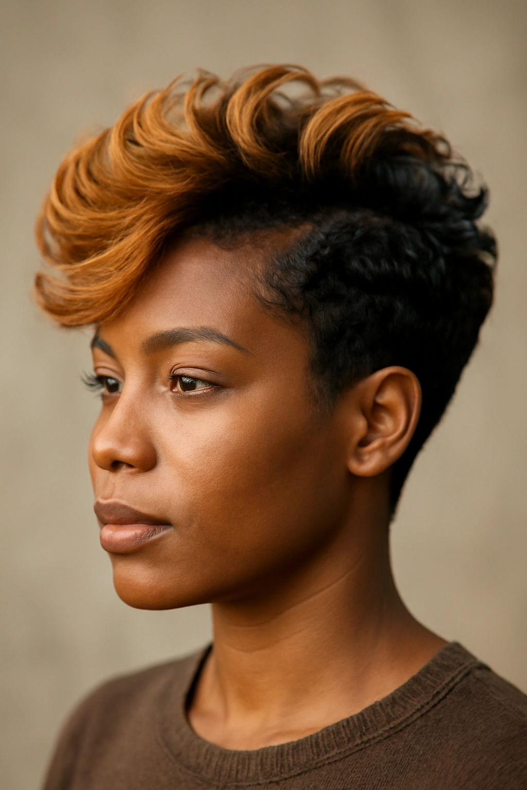 Close-up of a short flip hairstyle with two-tone color on flipped sections