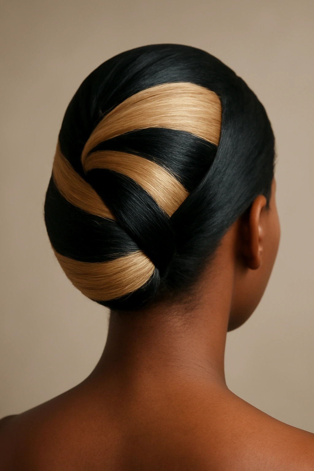 Back view of a two-tone geometric French roll with distinct color blocks