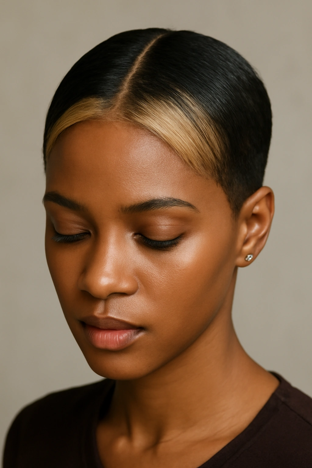 Close-up of two-tone short cut with bold middle part featuring dark base and light highlight