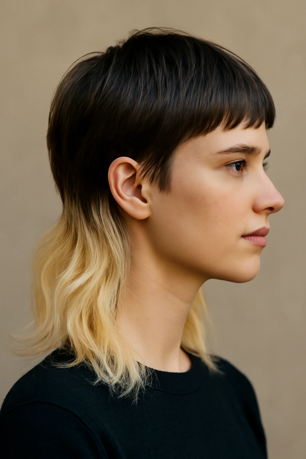Two-tone mullet with dark roots and bright back in studio portrait