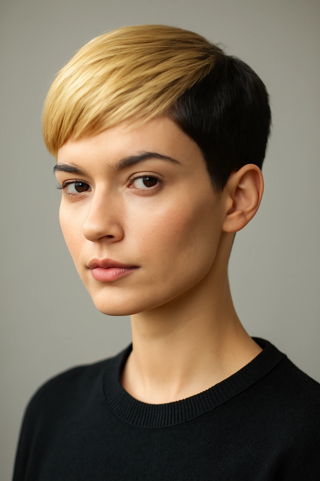 Portrait of a person with a two-tone pixie showing bold color separation on top and sides