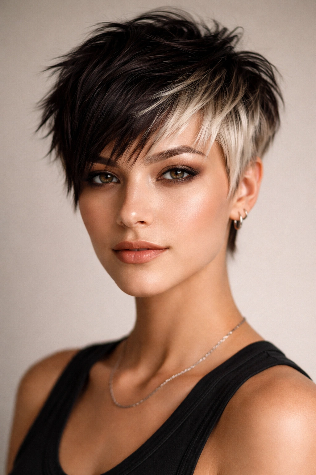 Close-up of a two-tone choppy pixie with dark crown and lighter sides