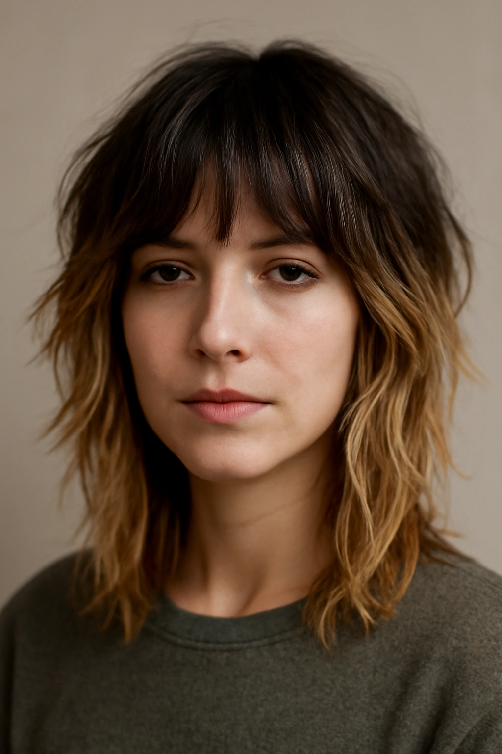 Close-up of a person with a two-tone shag showing dark roots and honey-blonde layers.