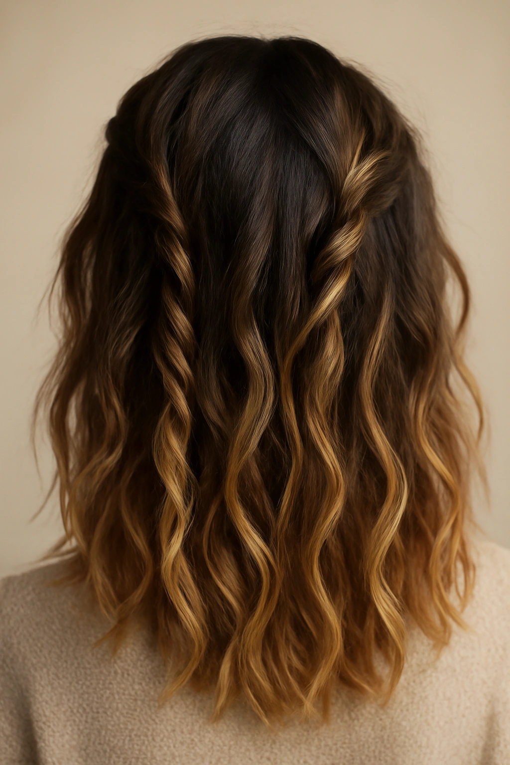 Close-up of shoulder-length hair with braided, twisted, and loose waves in two-tone color