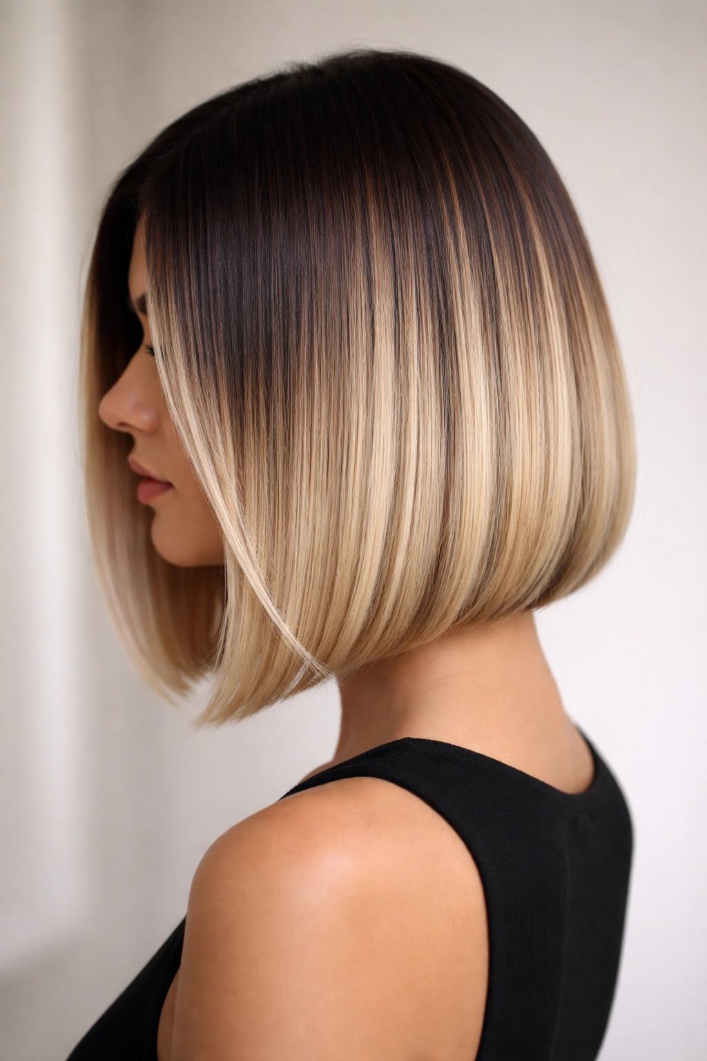 Front-facing shot of a two-toned sleek bob with dark base and light ends