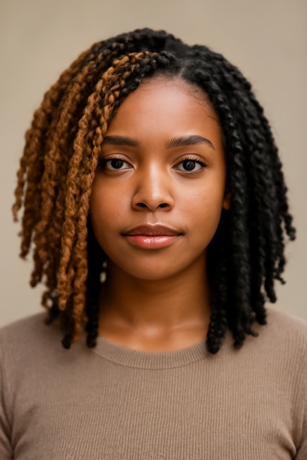 Two-toned passion twists with contrasting colors on shoulder-length hair