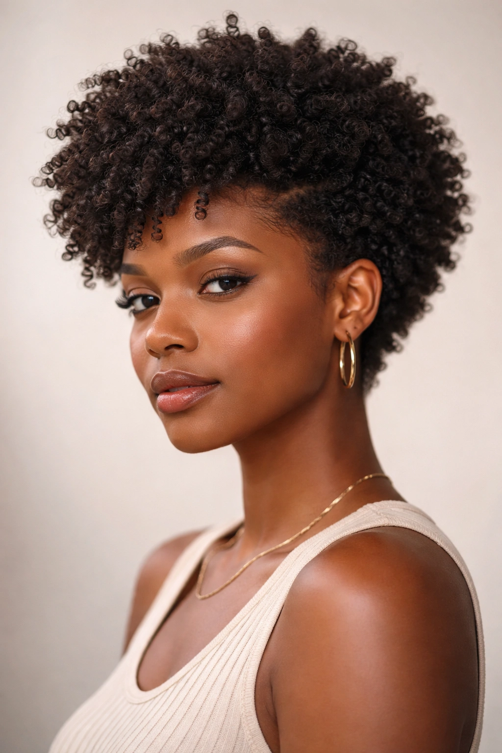 Portrait of Type 4 coily hair cut in a geometric, textured silhouette