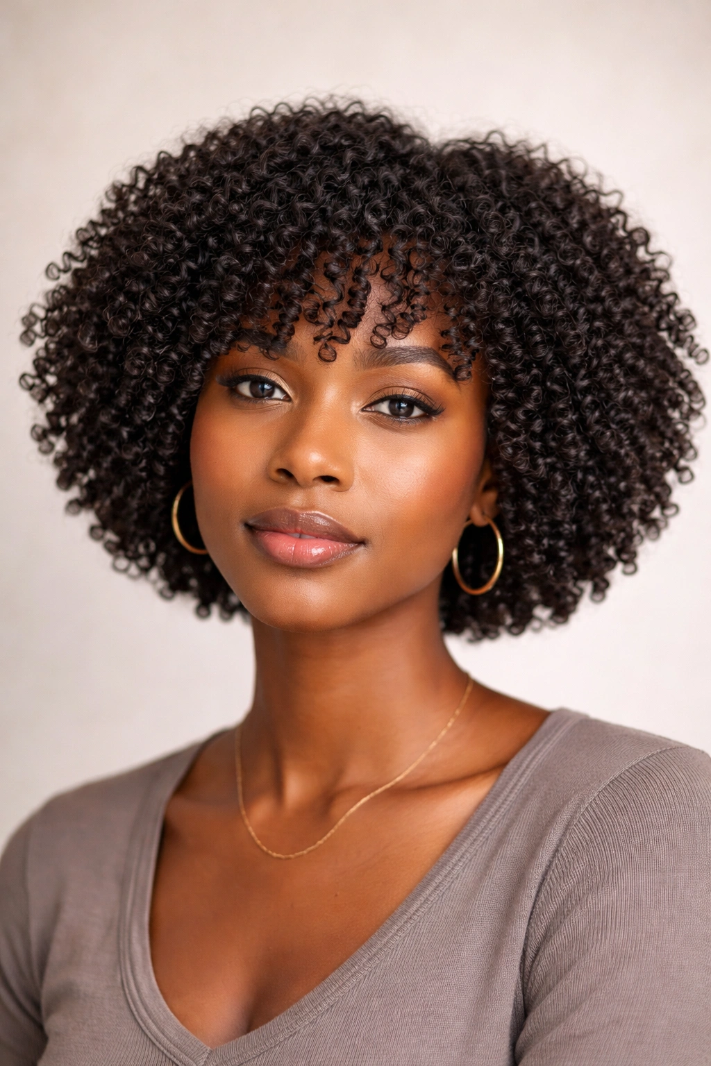 Dense tight-coil bob on Type 4 hair with visible shrinkage, studio portrait