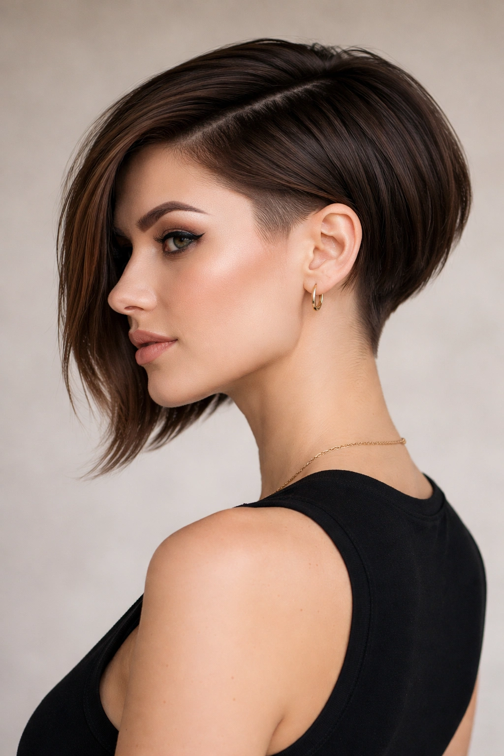 Angled bob with shaved undercut at the back and longer top