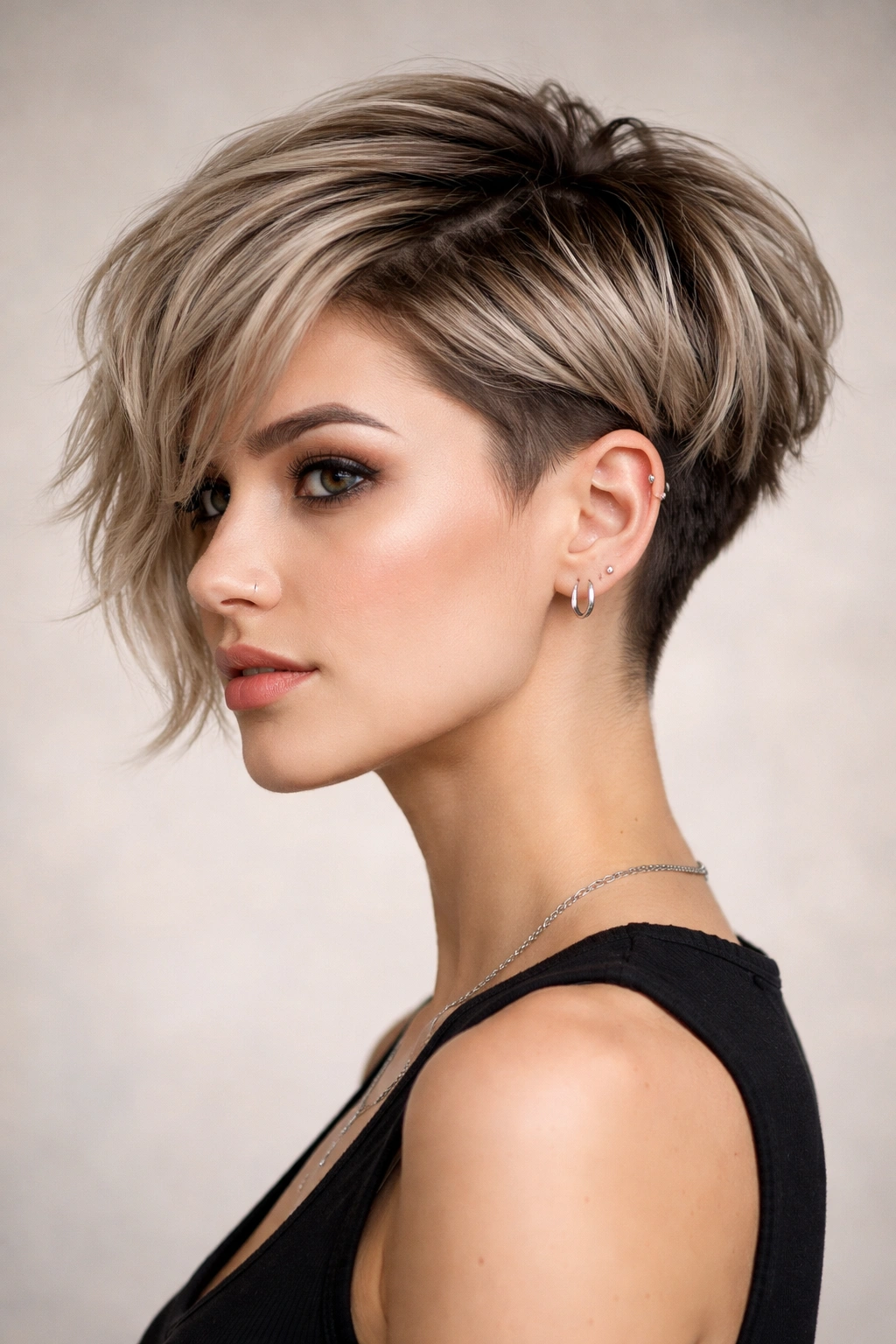 Front-view of undercut bixie showing longer front and back pixie undercut