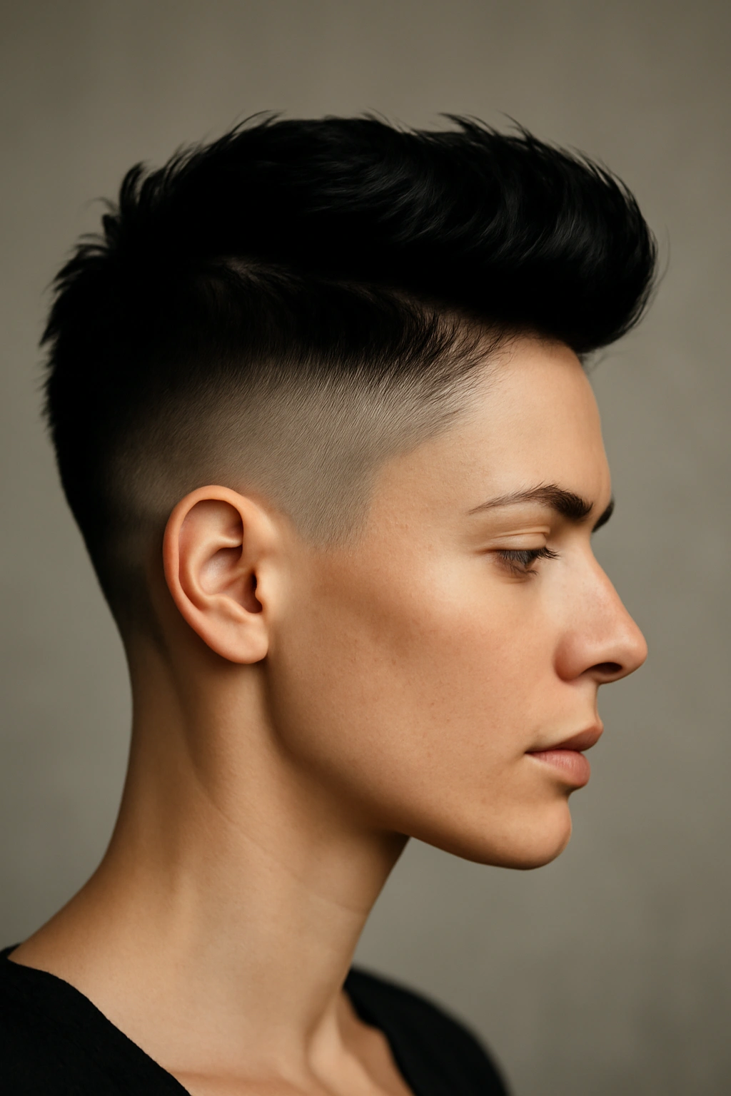 Side-profile of an undercut with jet-black top and shaved sides