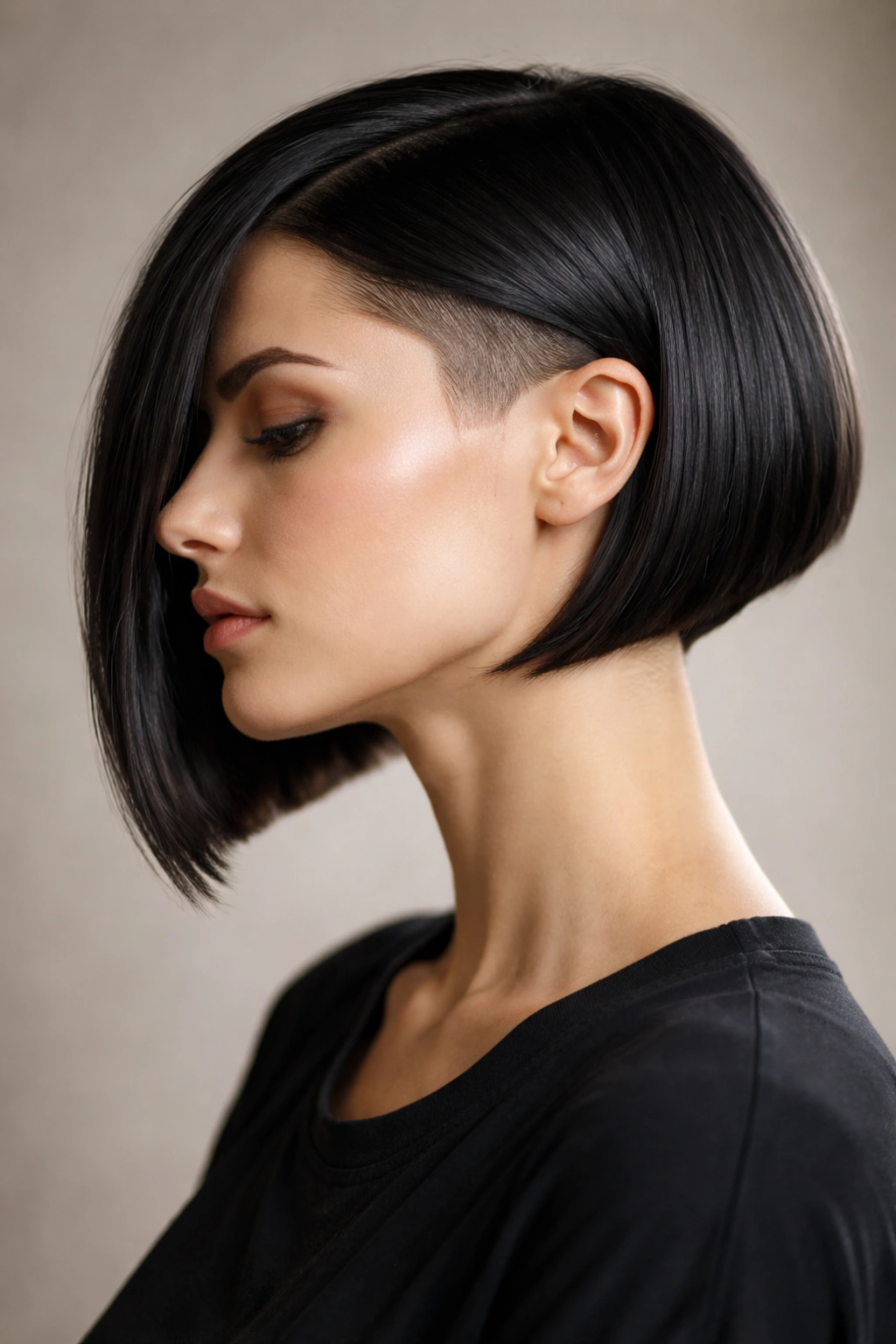 Profile of a blunt asymmetrical bob with curved undercut