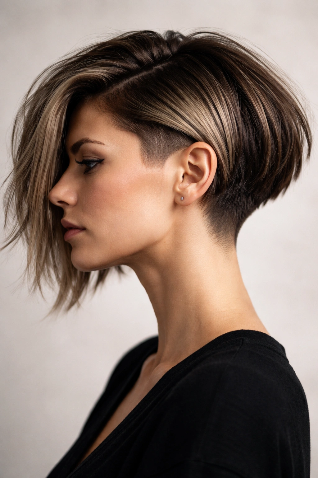 Bob with a stark undercut and long top showing high contrast