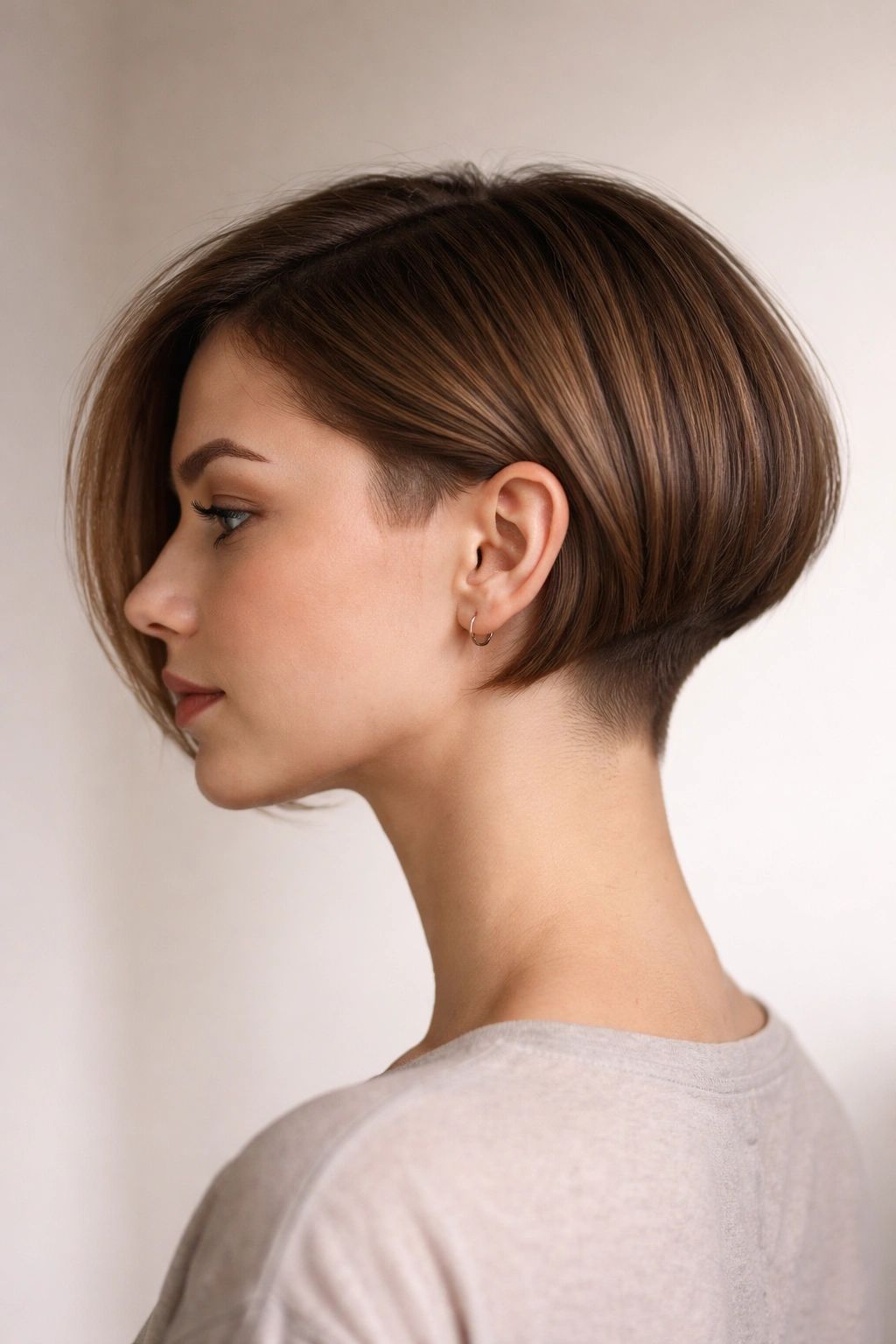 Profile view showing an undercut bob with short sides and longer top