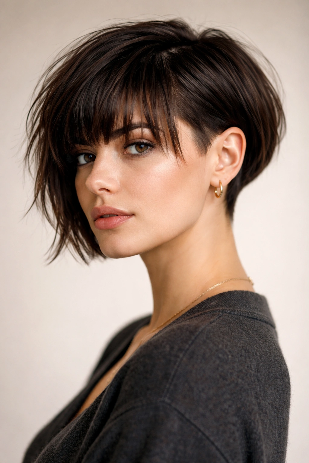 Three-quarter view of undercut bob with choppy bangs showing contrast between shaved undercut and textured top.