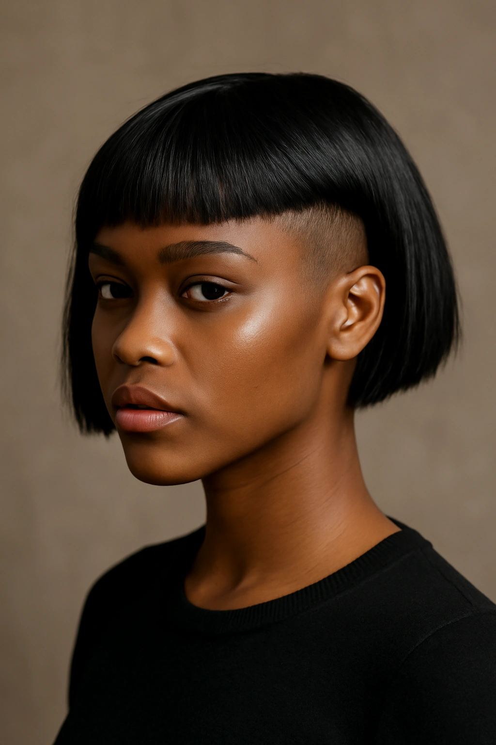 Profile/front view of a Black woman with an undercut bob