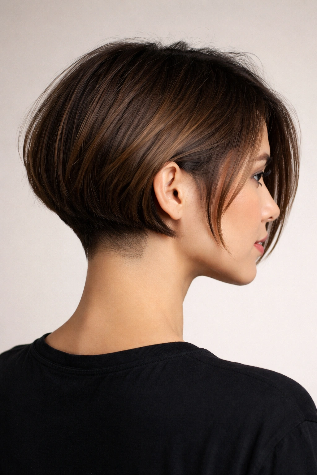 Bob hairstyle with undercut visible at the nape creating width
