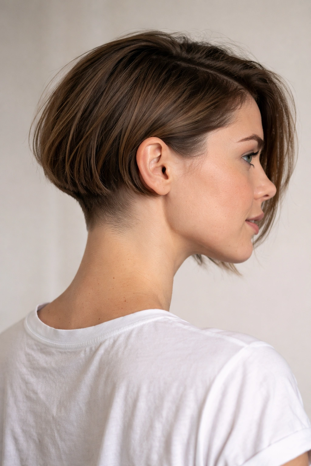 Portrait of a person with an undercut bob showing the contrast between top and shaved underneath