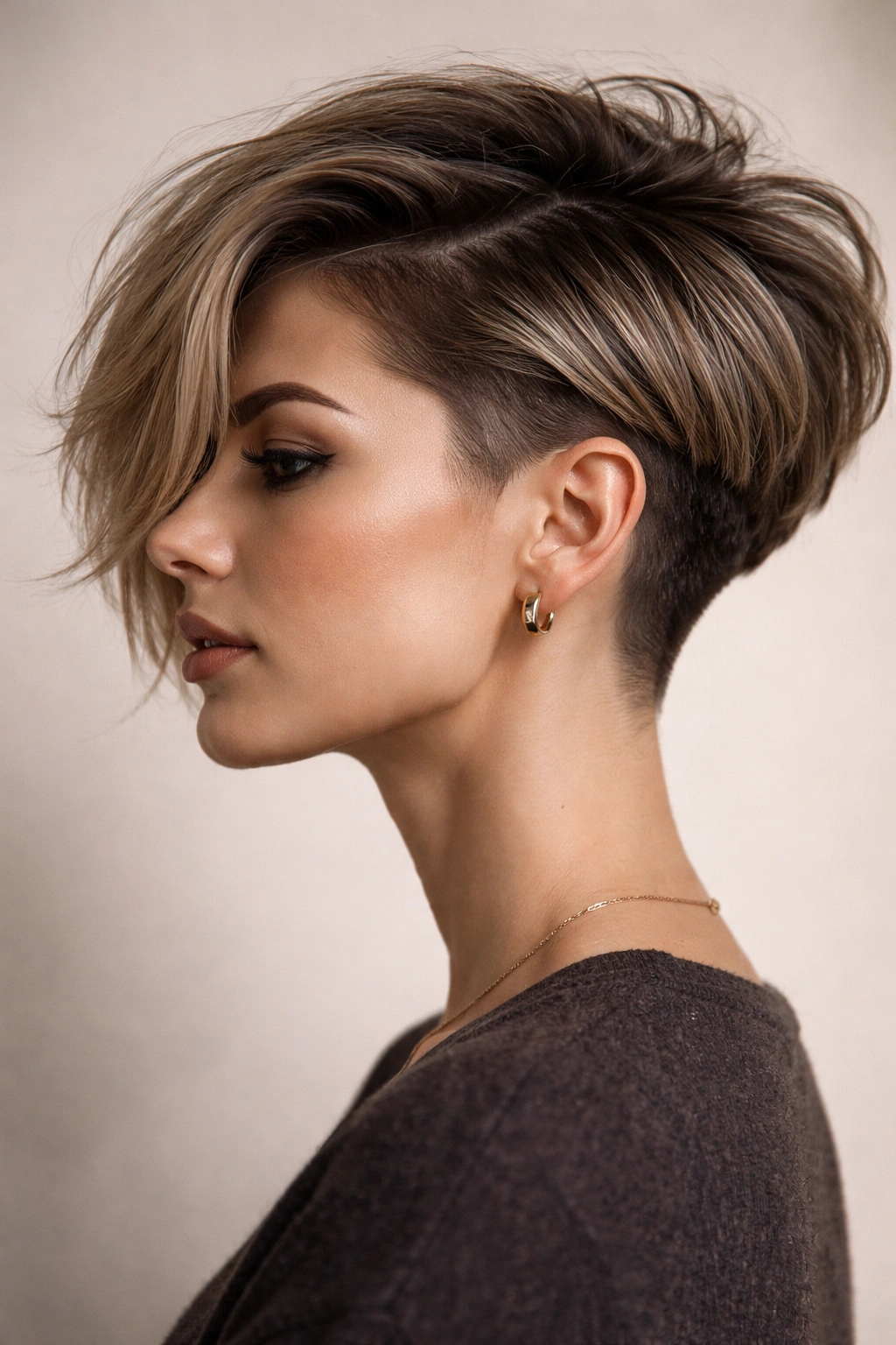 Chin-length bob with a very short undercut at the nape and a textured, lifted top.