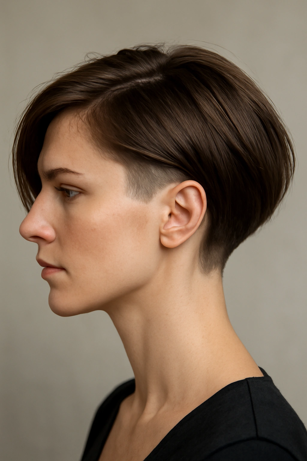Undercut bob with visible nape undercut and longer top hair
