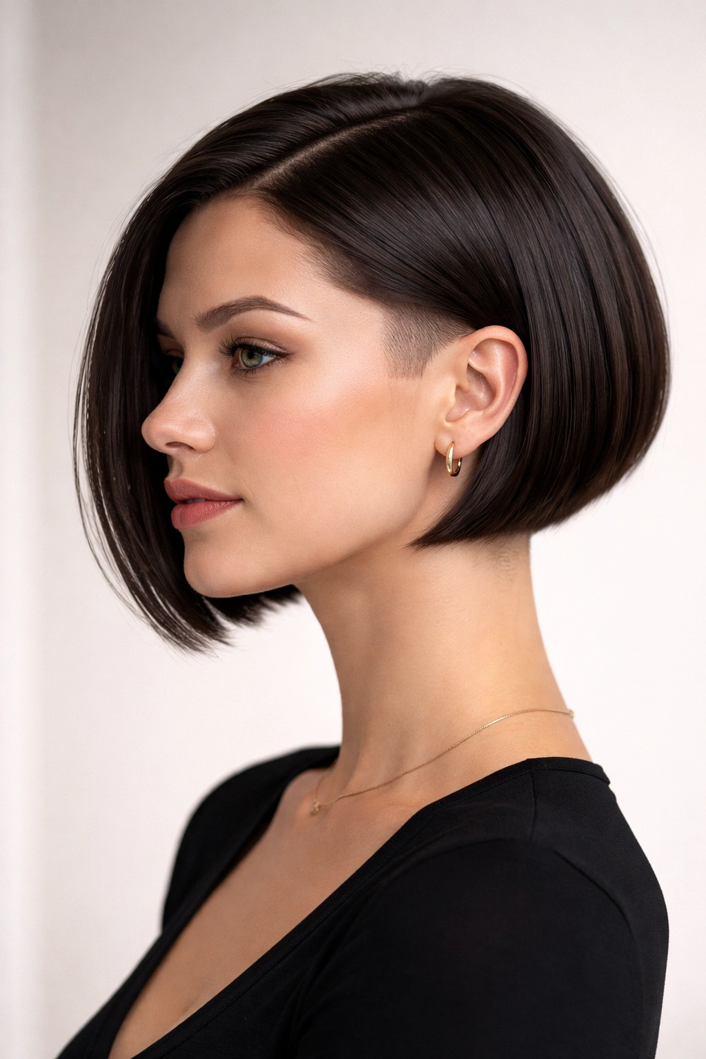 Sharp undercut bob with blunt front and hidden back undercut on an oval-faced model