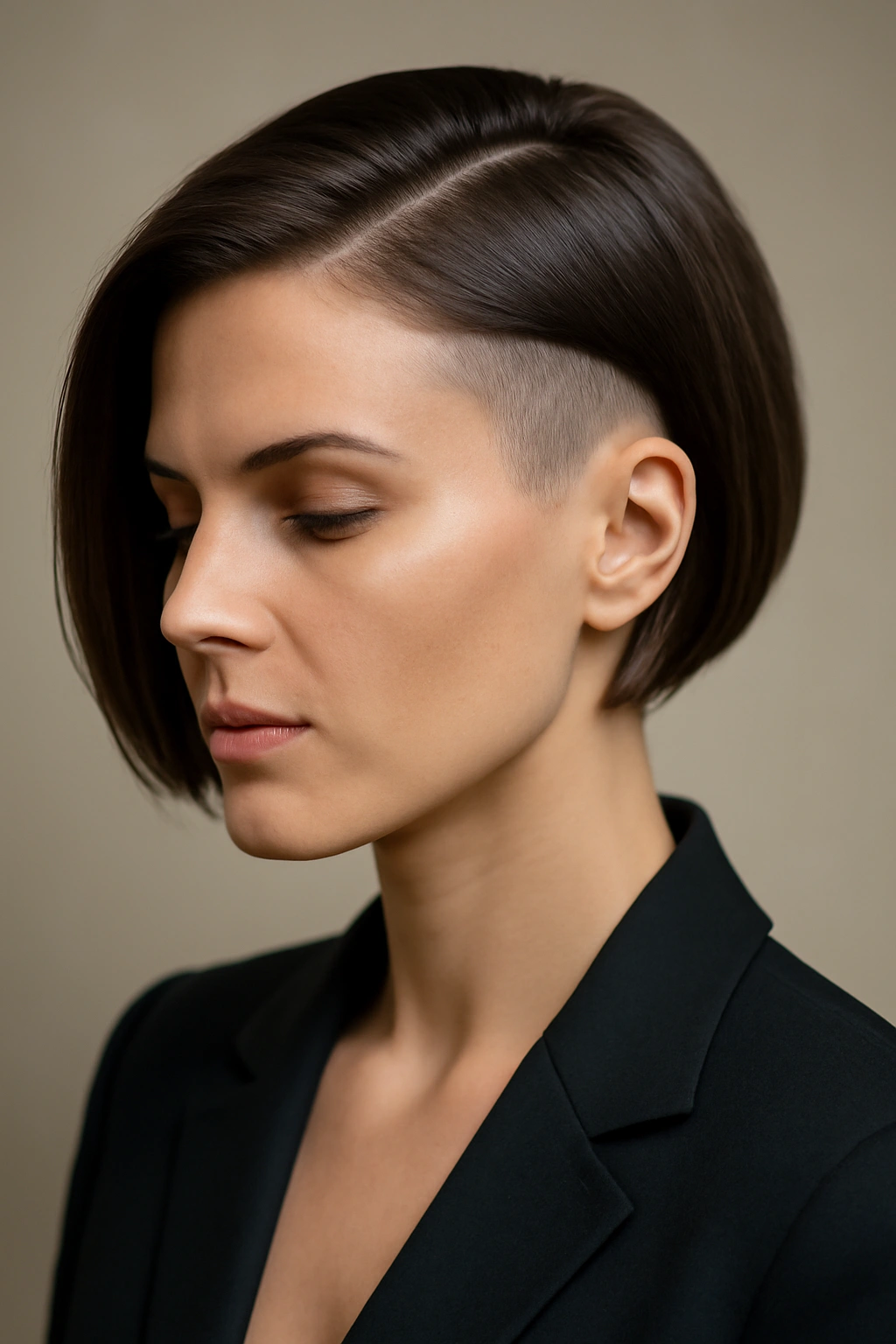 Undercut bob with shaved sides and polished top