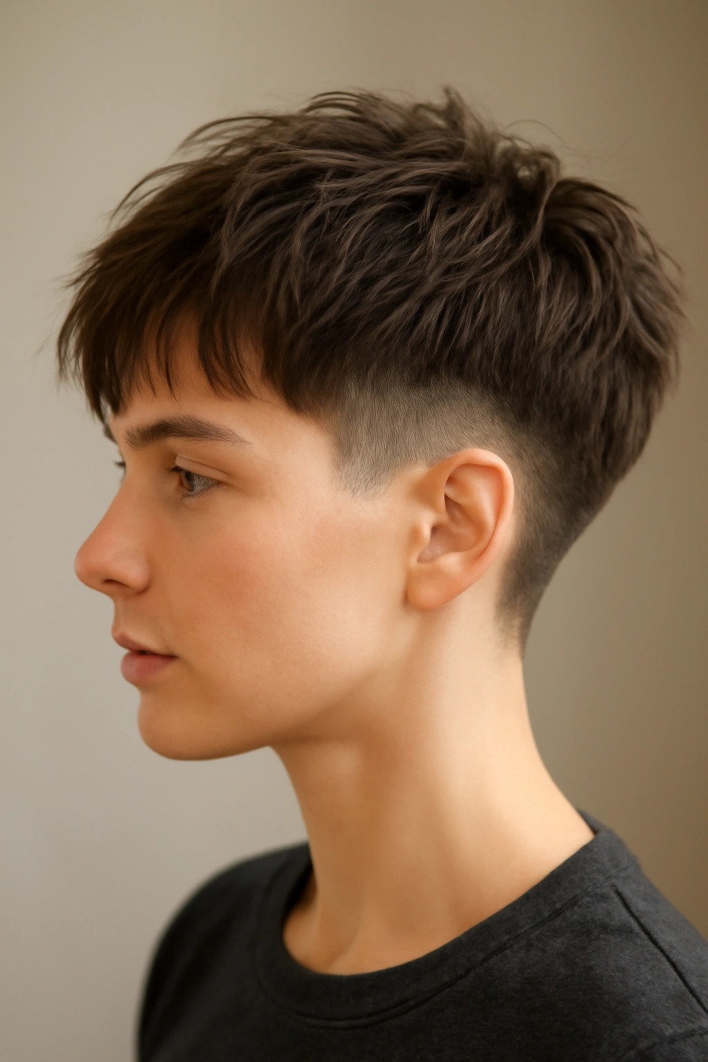 Side view of an undercut bob with a shaggy top hairstyle