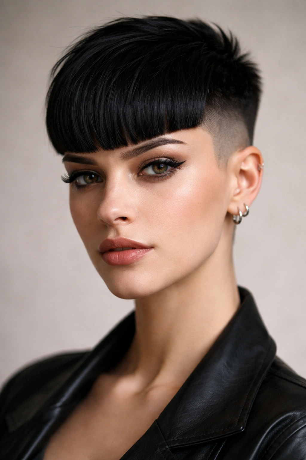 Undercut with bold bangs hairstyle on a model with shaved sides and a voluminous top