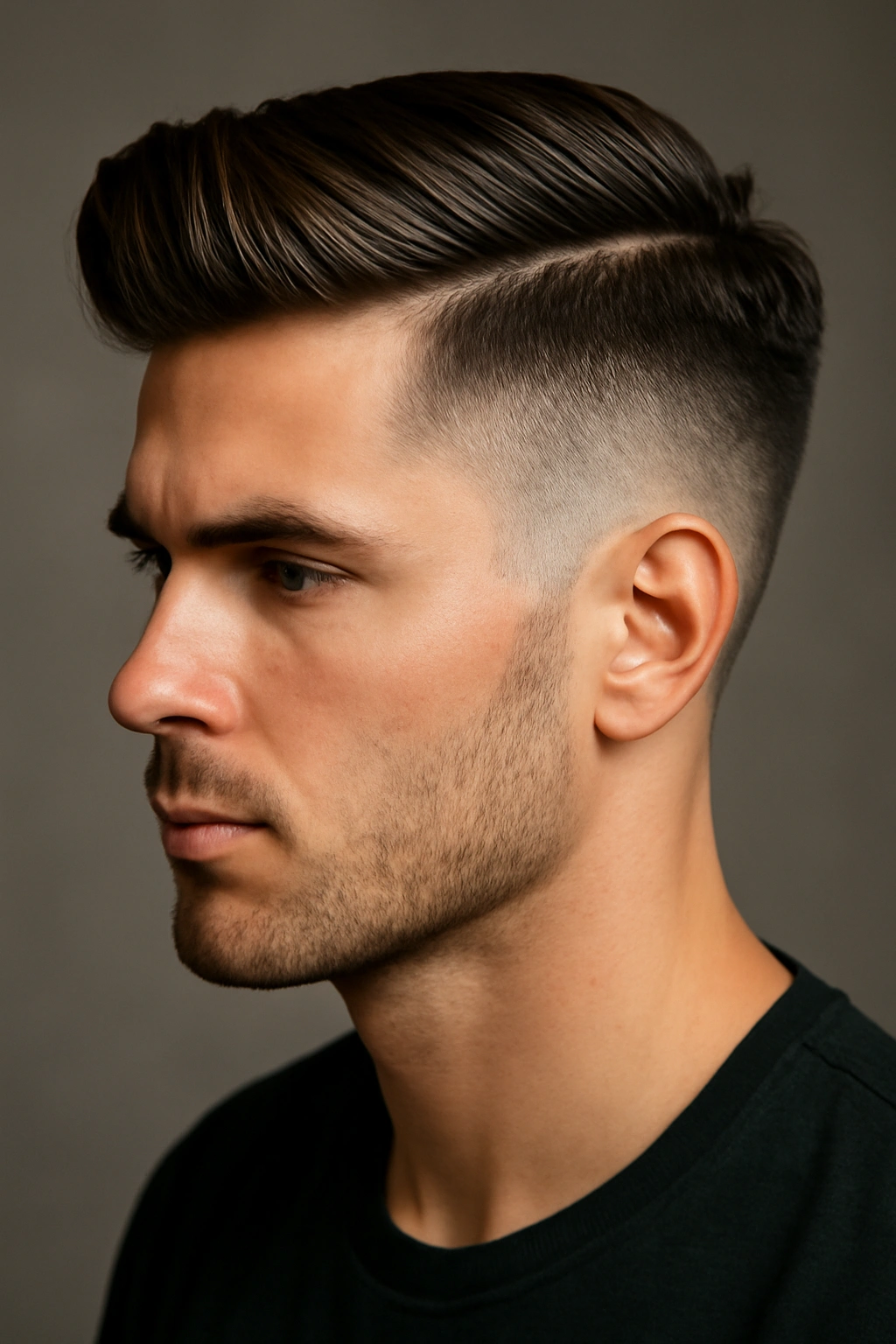 Profile of male head with undercut and long top in studio