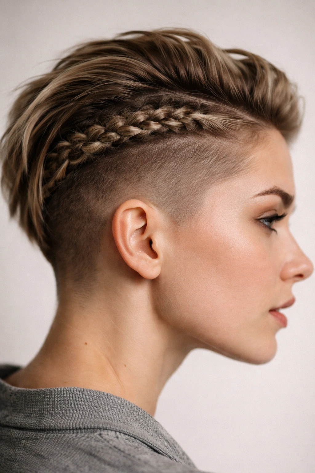 Close-up of a tight braid above an undercut on short hair