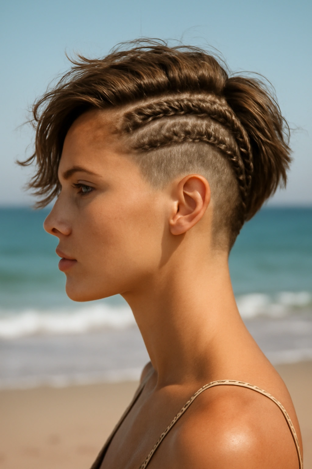Undercut with decorative braids on top short hair at the beach