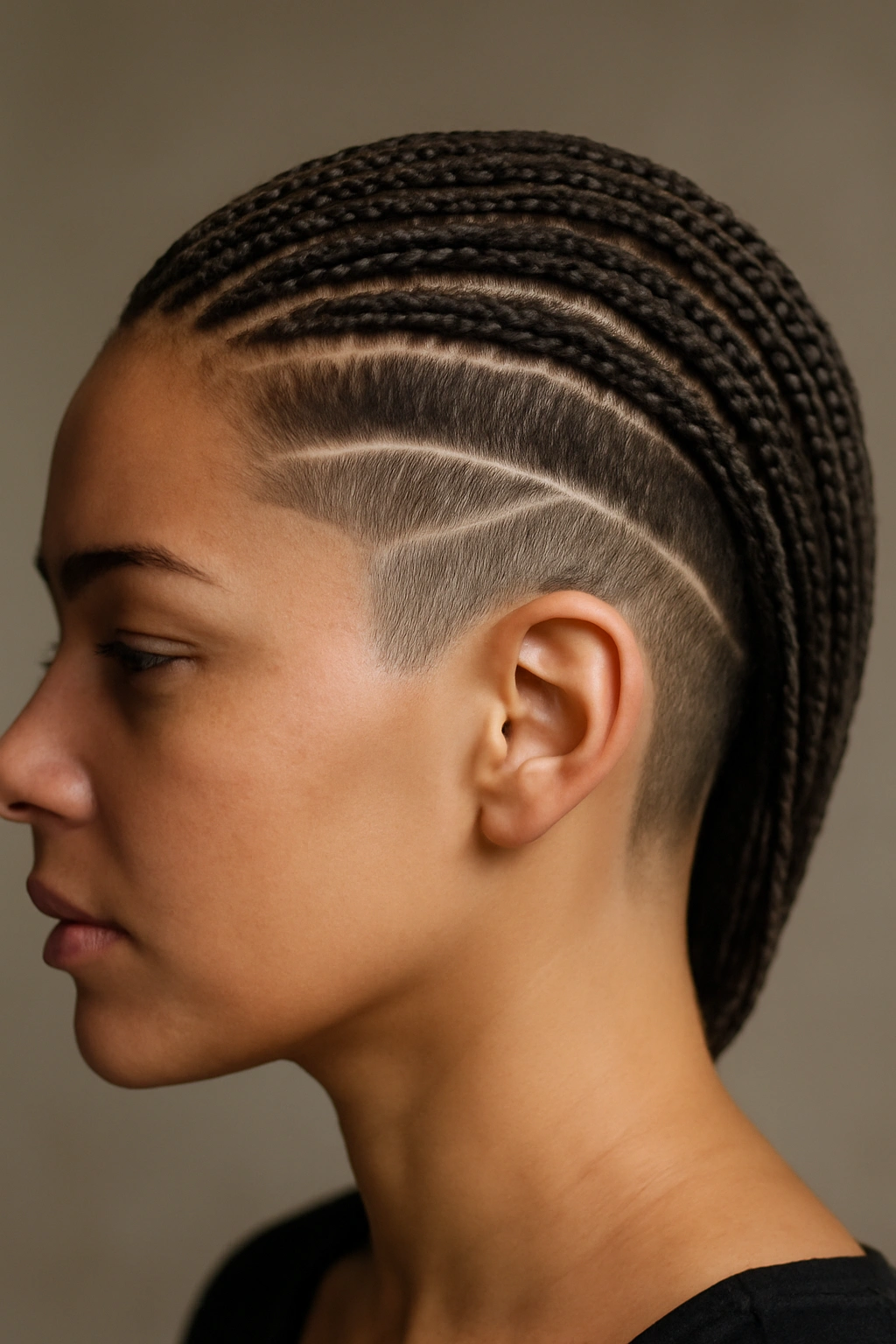 Close-up of shaved undercut with geometric lines and micro braids on scalp