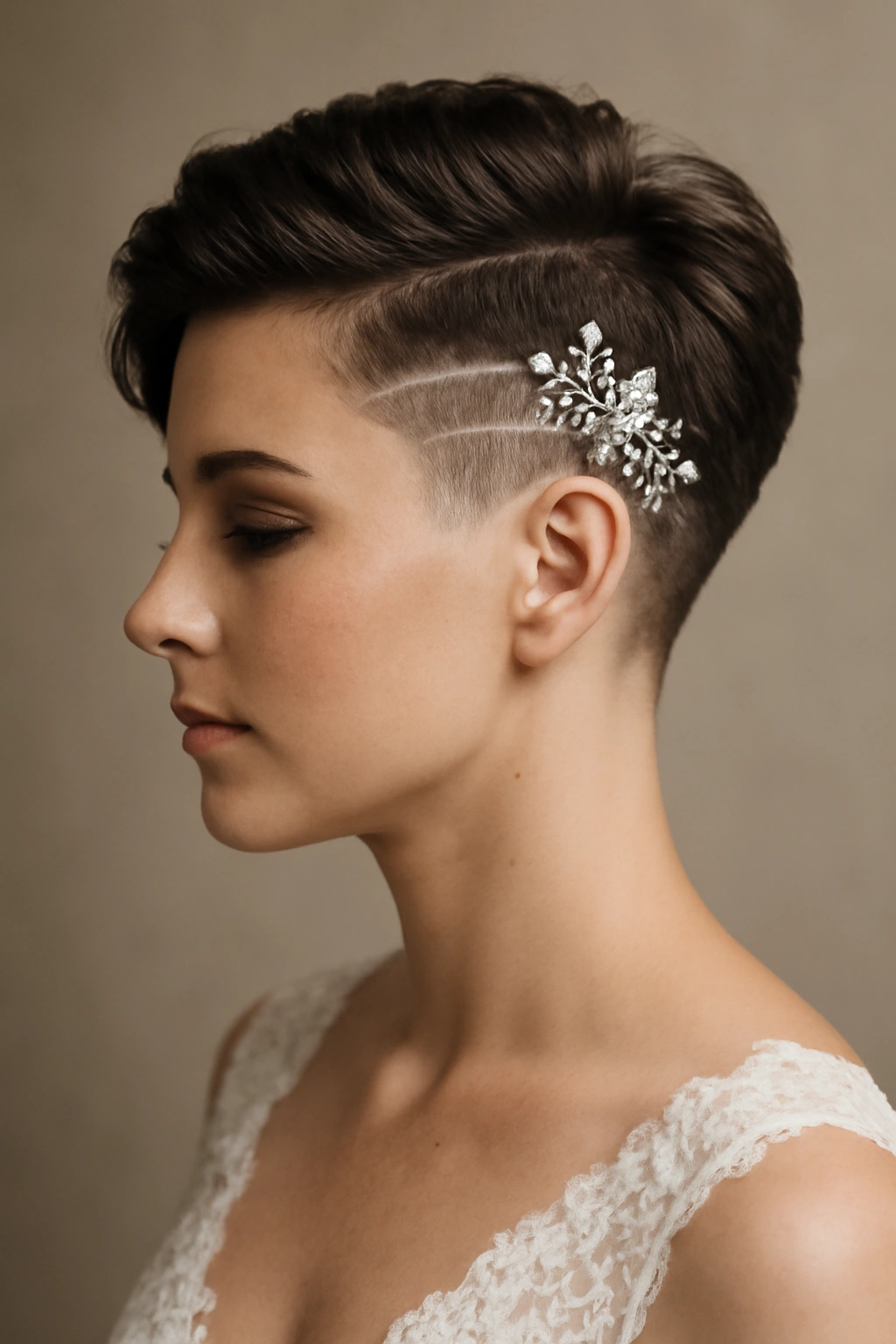 Bride with modern undercut and decorative pin on top.