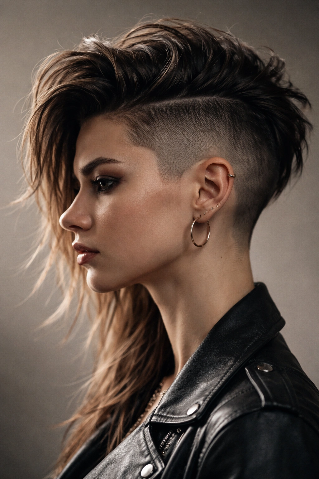 Profile portrait of a person with an undercut and buzzed sides, showing sharp line work.