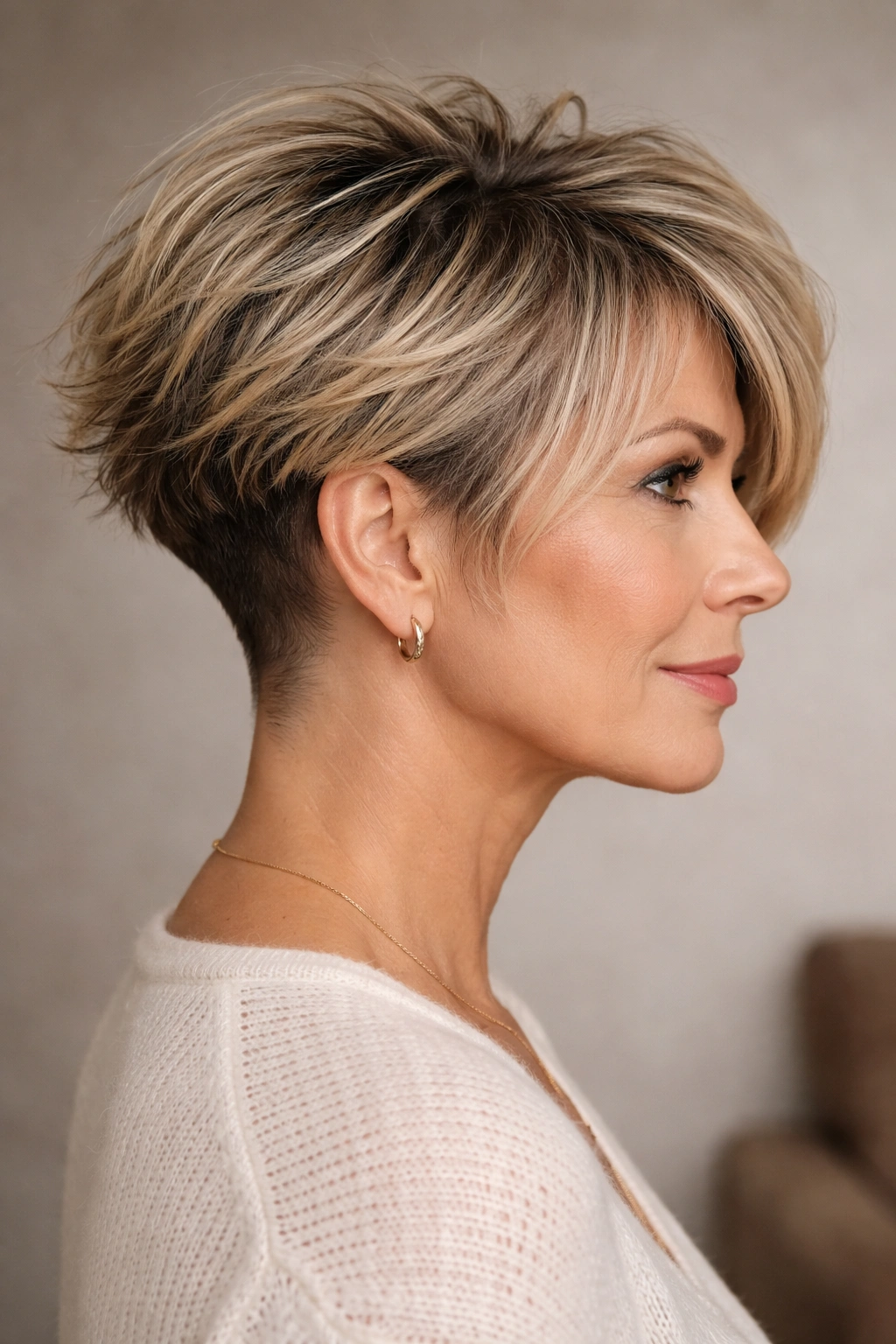 Undercut visible with choppy layers and chin-length pieces.