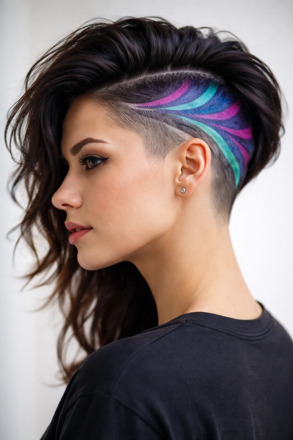 Head-and-shoulders portrait showing an undercut with contrasting color design on shaved sides