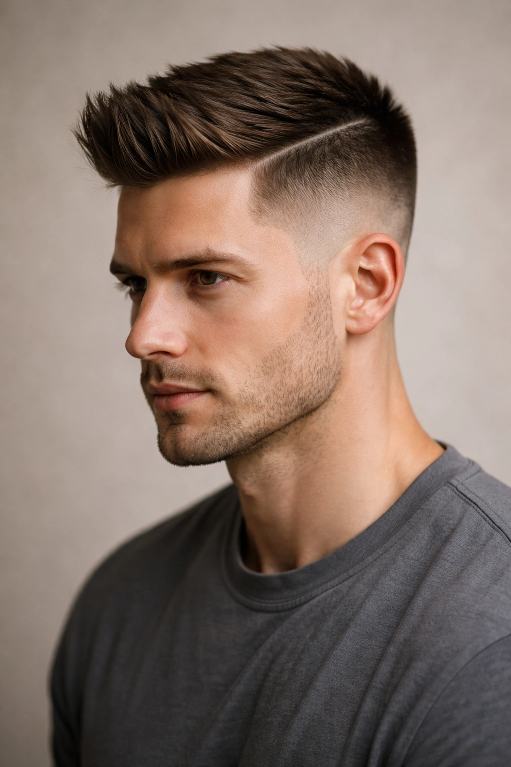 Headshot of an undercut crew cut with a hard line between top and sides