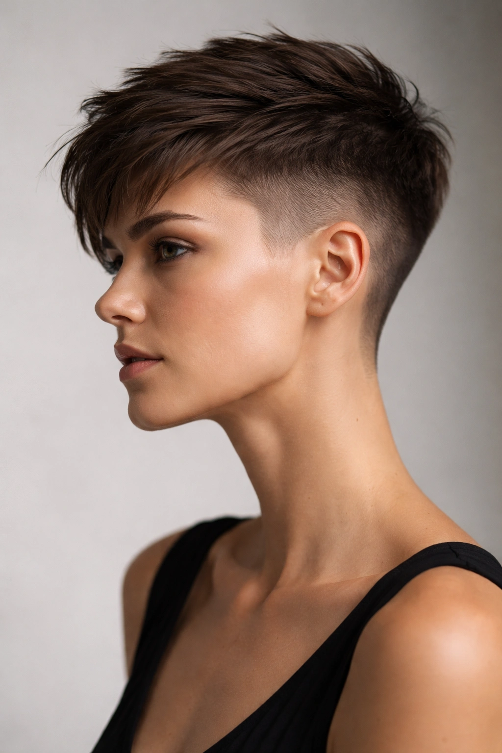 Close-up portrait of a cropped undercut with shaved sides and textured top.