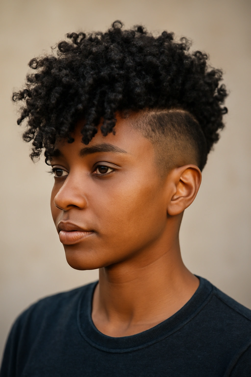 Portrait of a Black woman with an undercut and extended crown, showing bold curl pattern