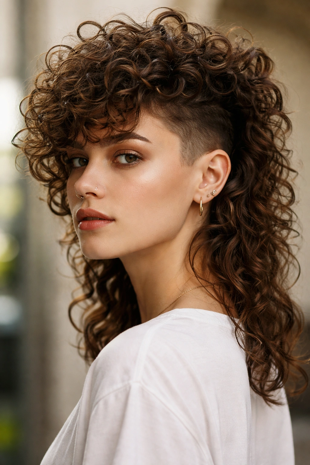 Headshot of an undercut curl mullet showing top curls and a visible shaved undercut at the nape.