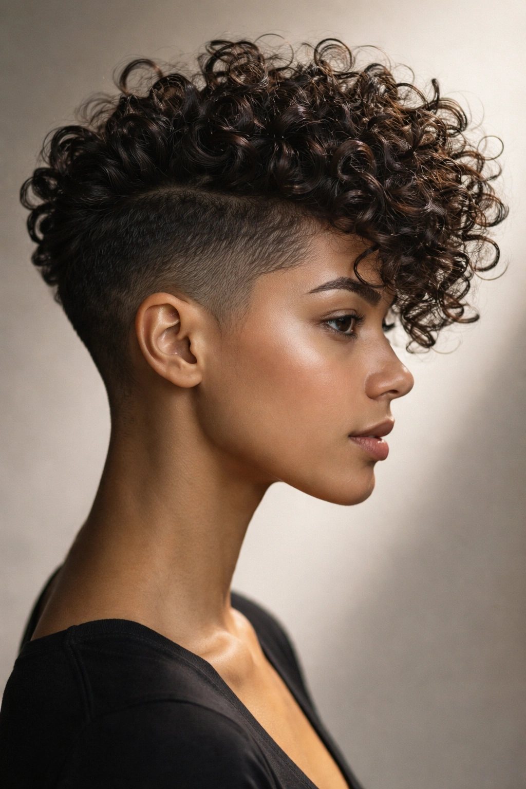 Side profile of an undercut curl pop pixie with long top curls over shaved sides