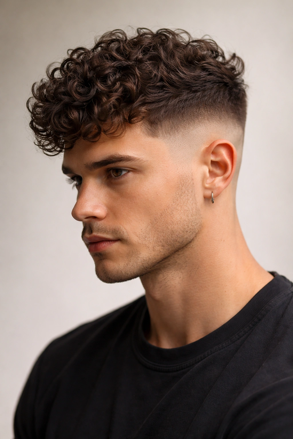 Front view of man with undercut and curly top showing a sharp line