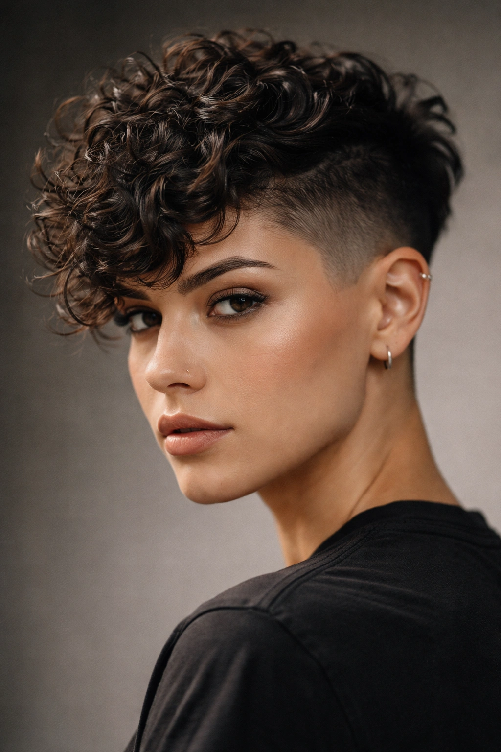 Portrait showing undercut with long textured curls on top