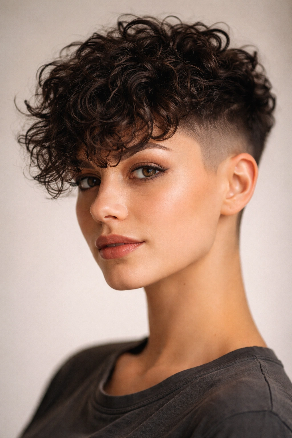 Undercut with curly textured bangs and shaved sides