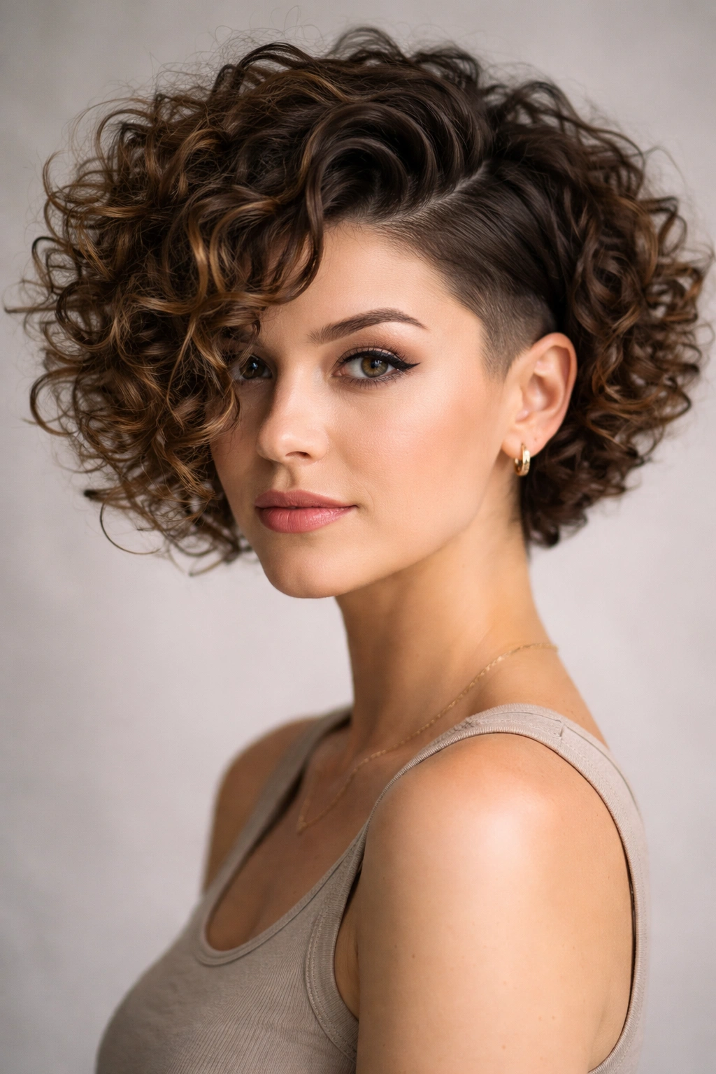 Curly bob with undercut showing high-contrast top curls