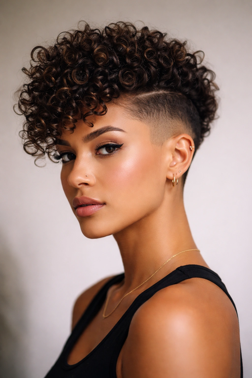 Undercut with curly fade showing top curls over a tapered fade